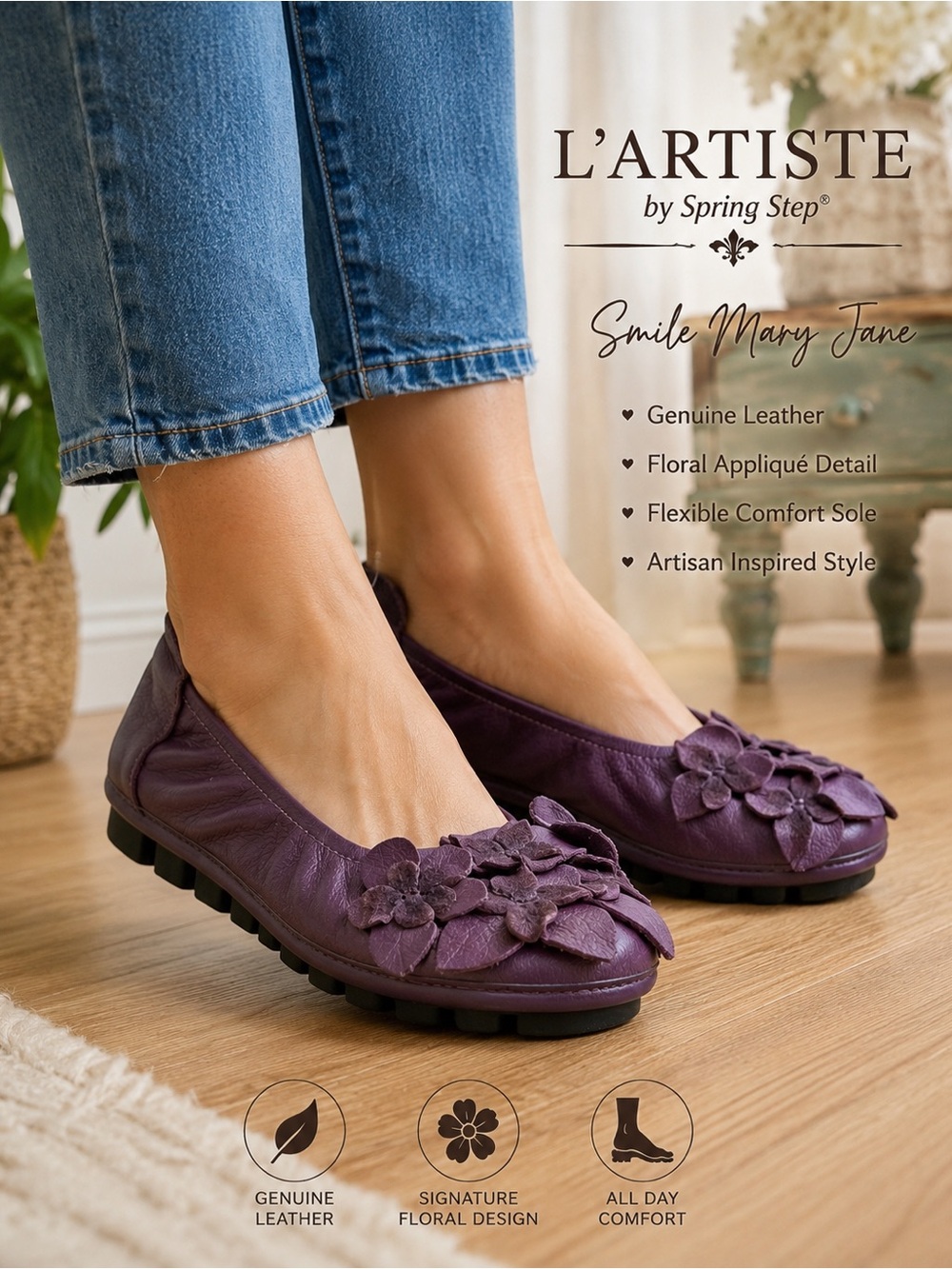 L’Artiste Smile Mary Jane Flats Purple Leather Floral Shoes US 6.5 - 7 EU 37 - Picture 1 of 10